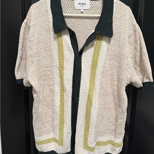 Wax London Men's Cream Knit Button-Down Shirt with Green Trim